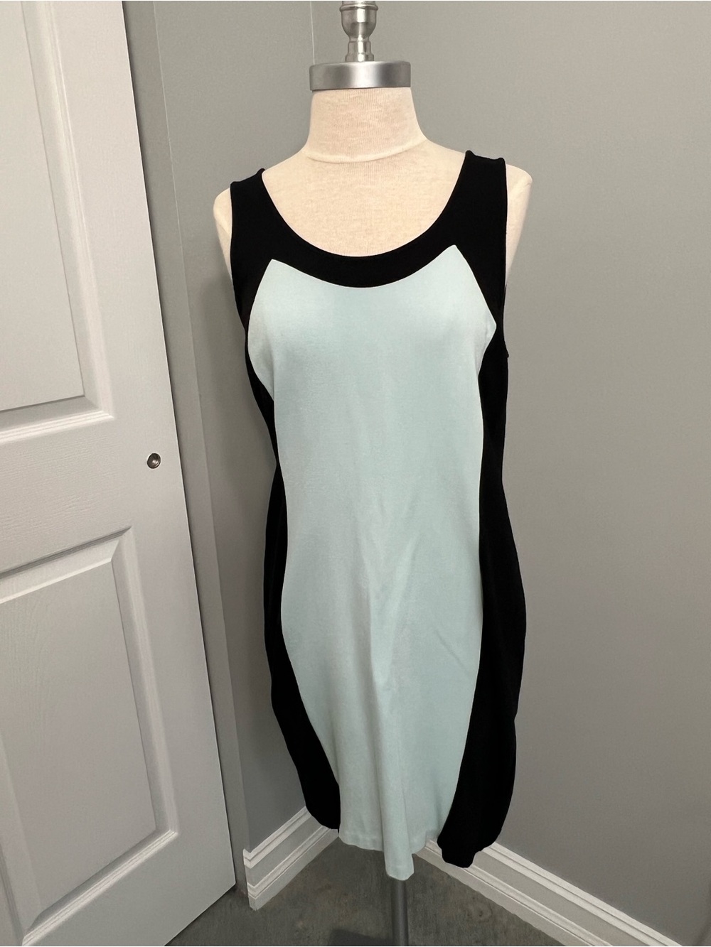 Sleeveless Colorblock Shift Dress in Light Blue and Black